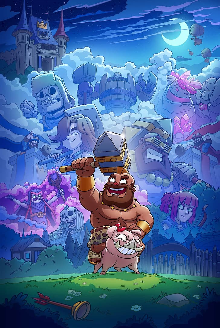 728x1084 HD wallpaper: Clash Royale, Loading screen, video game art, pigs, hammer