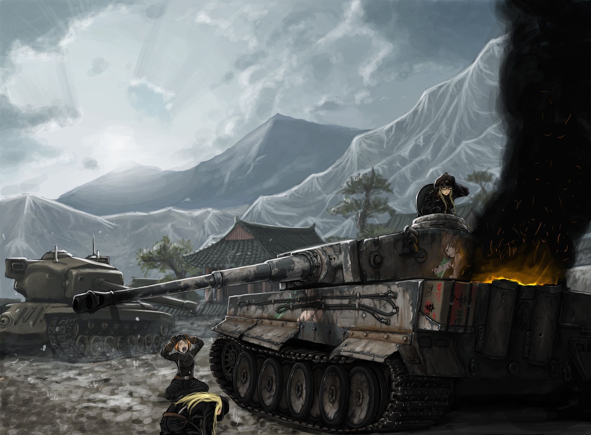 1920x1413 Wallpaper mountains, smoke, tank, tiger, burns, the crew, World of Tanks, Girls and Panzer for mobile and desktop, section аниме, resolution 1920x1413