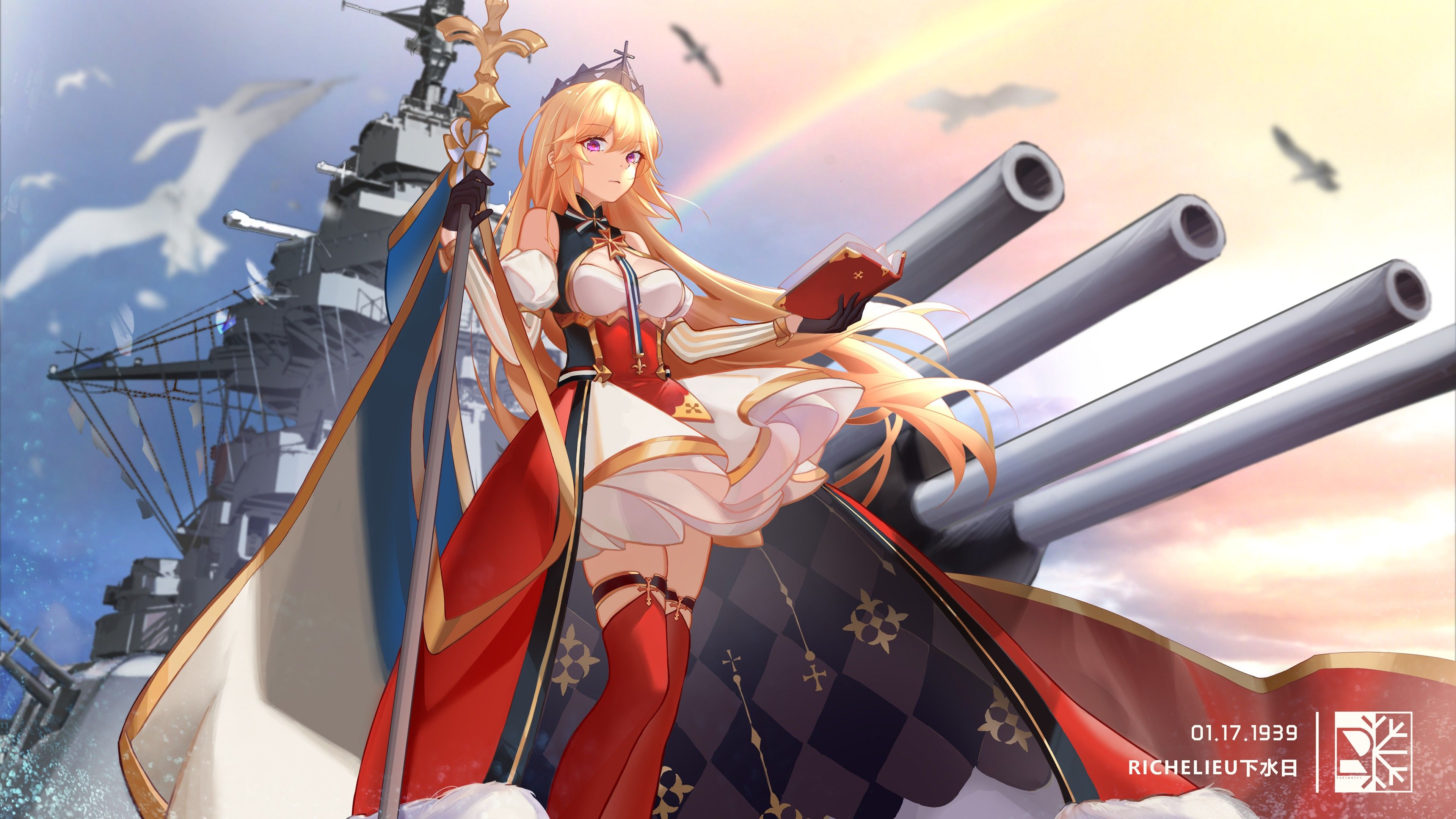 3840x2160 Blonde Anime Girl With Red White Dress Standing In War Tank Background 4K HD Anime Girl Wallpaper