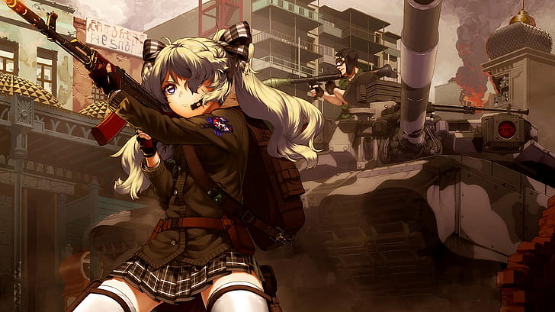 1920x1080 Anime Girls gun military Skirt Tank weapon
