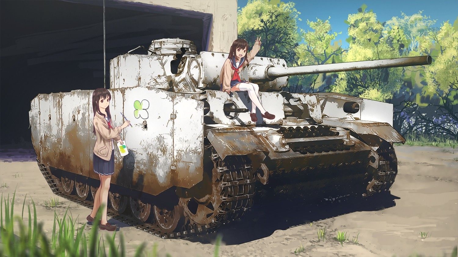 1500x844 school uniform, vehicle, original characters, anime girls, tank, anime, HD Wallpaper