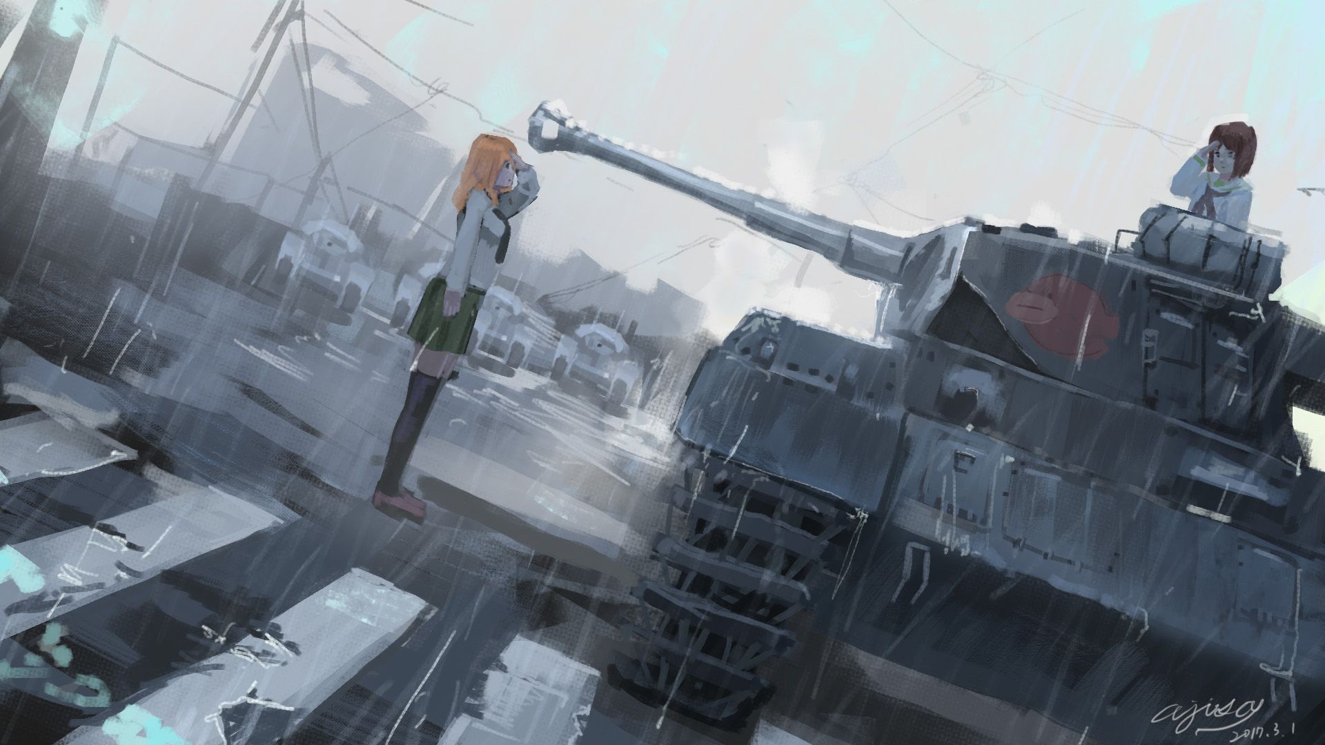 1920x1080 Anime, Tank, Girl, Brown Hair, Ruka Oshida, Girls und Panzer, Road, Blonde, Rain, Yukari Akiyama JPG, HD Wallpaper