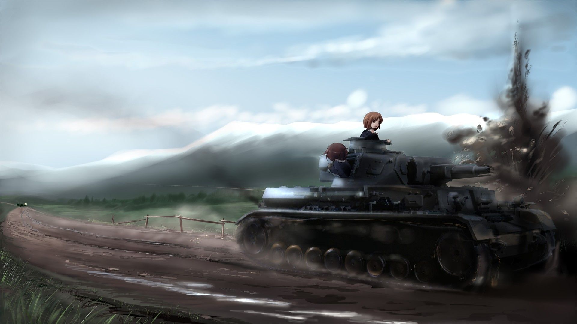 1920x1080 Wallpaper road, field, mountains, the explosion, the fence, anime, tank, Girls and plant for mobile and desktop, section прочее, resolution 1920x1080