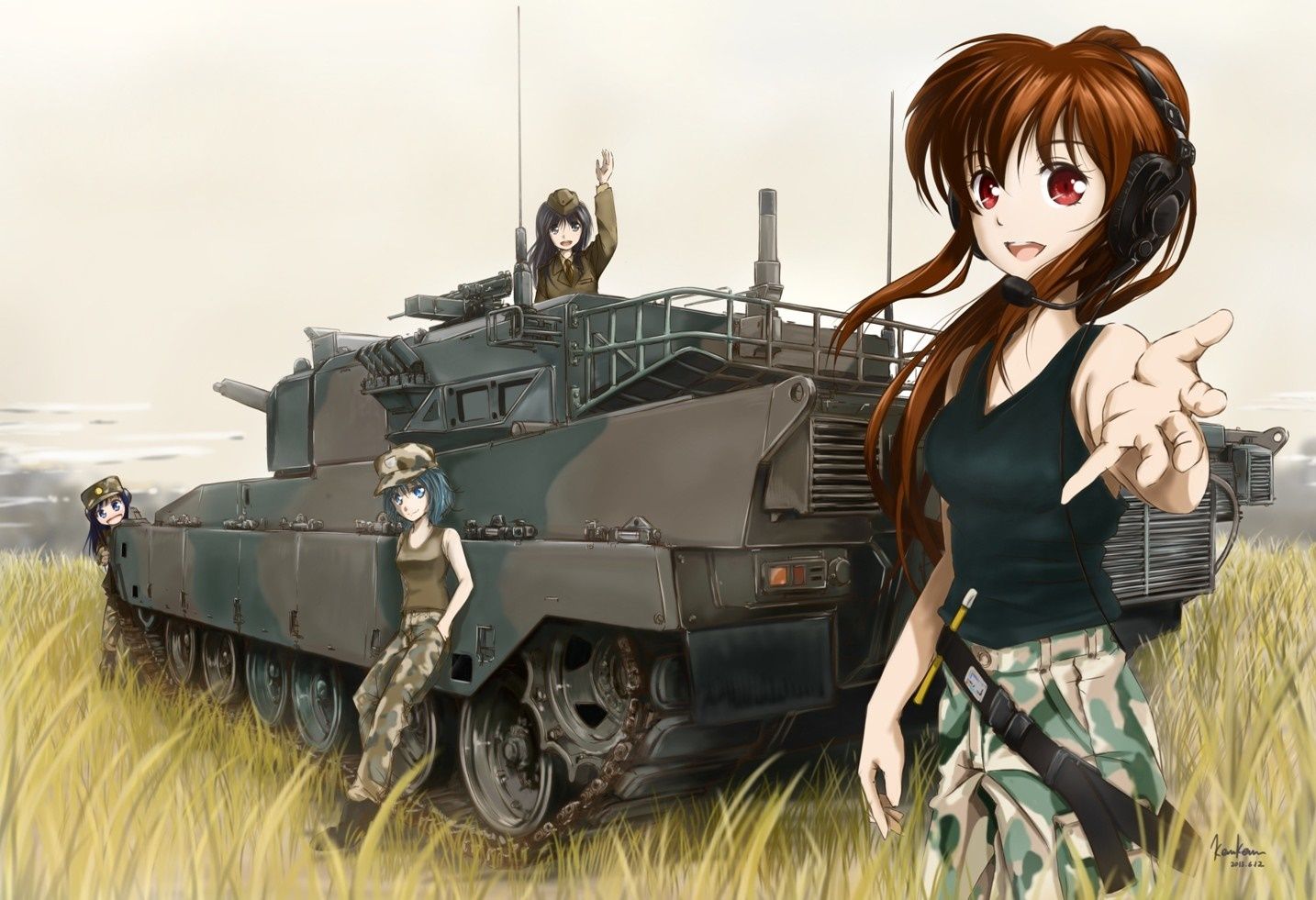 1434x981 anime, anime girls, vehicle, weapon, tank, tank top, original characters, army girl, HD Wallpaper