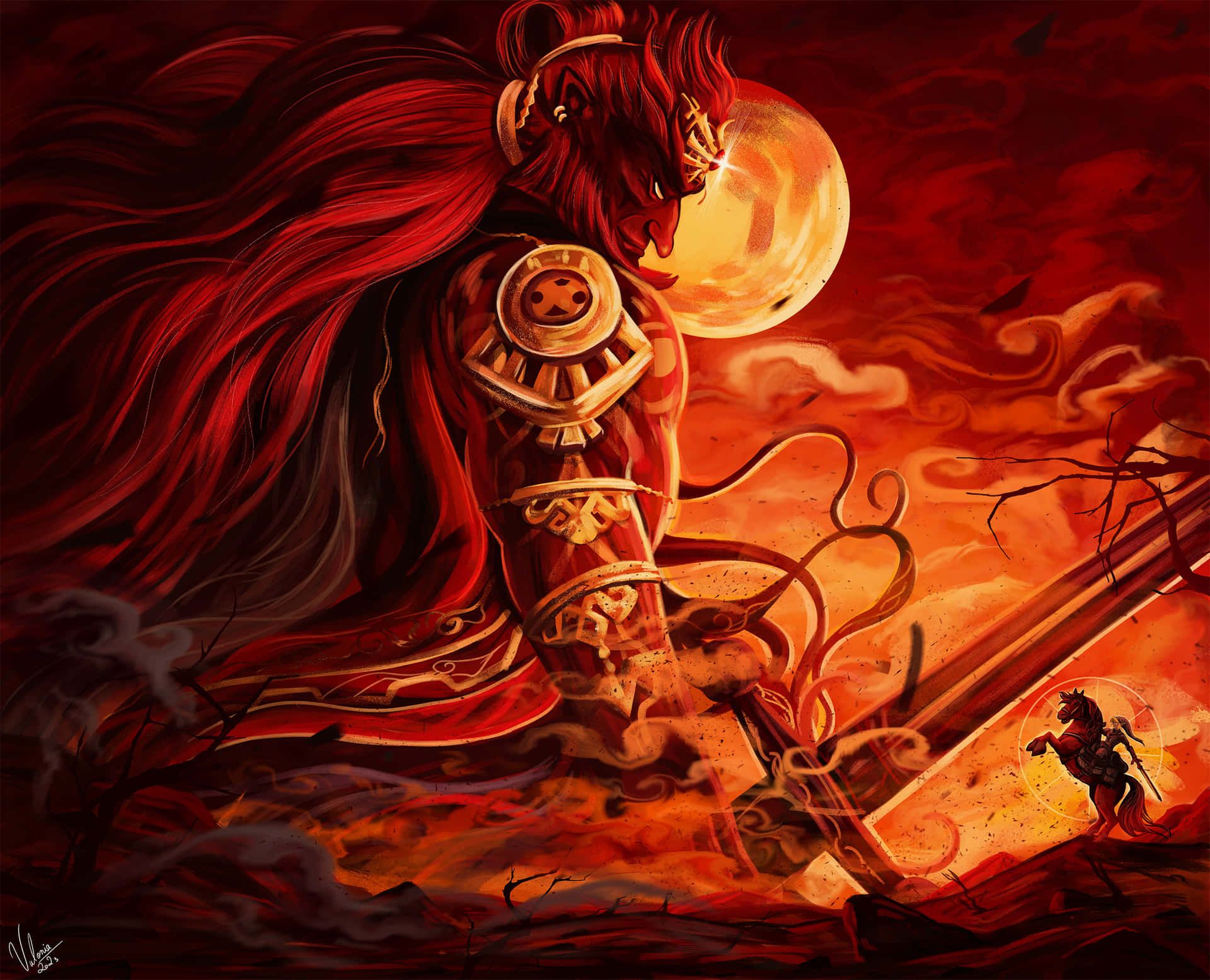 1920x1555 Download The powerful Ganondorf looms over a dark, fiery landscape in this stunning video game artwork. Wallpaper