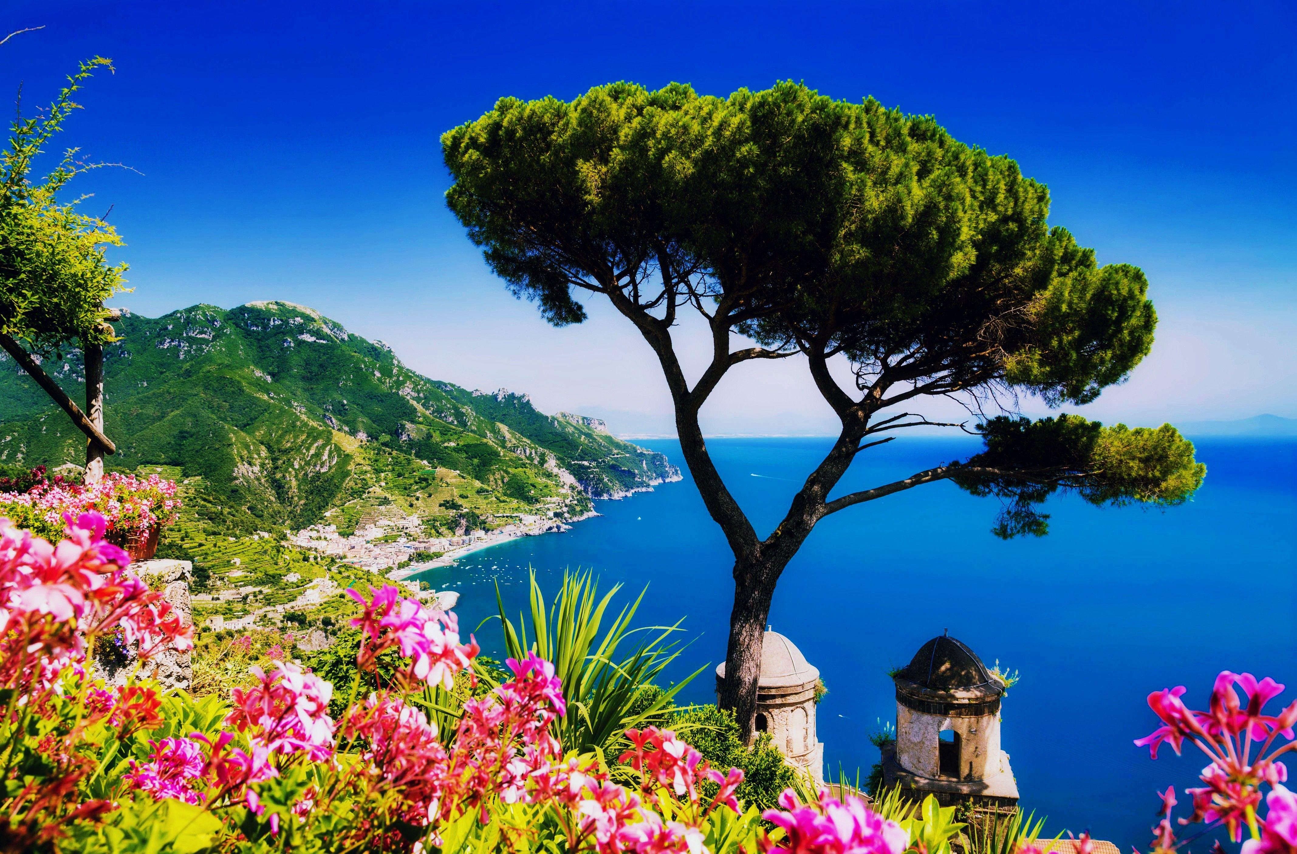 4270x2810 Beaches: Amalfi Coast Rest Sea Flowers Blue Sky Italy Summer