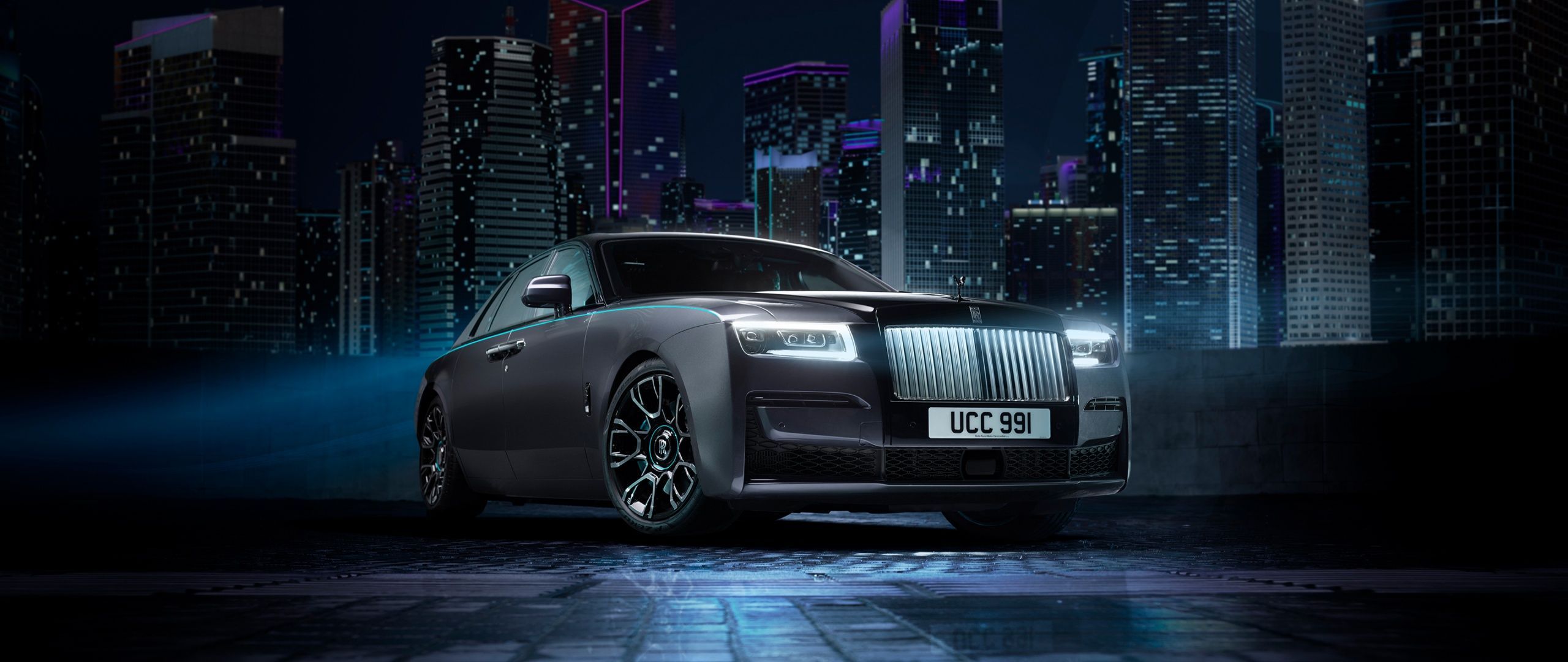 2560x1080 Rolls Royce Ghost Black Badge Wallpaper 4K, Night, Car Lights