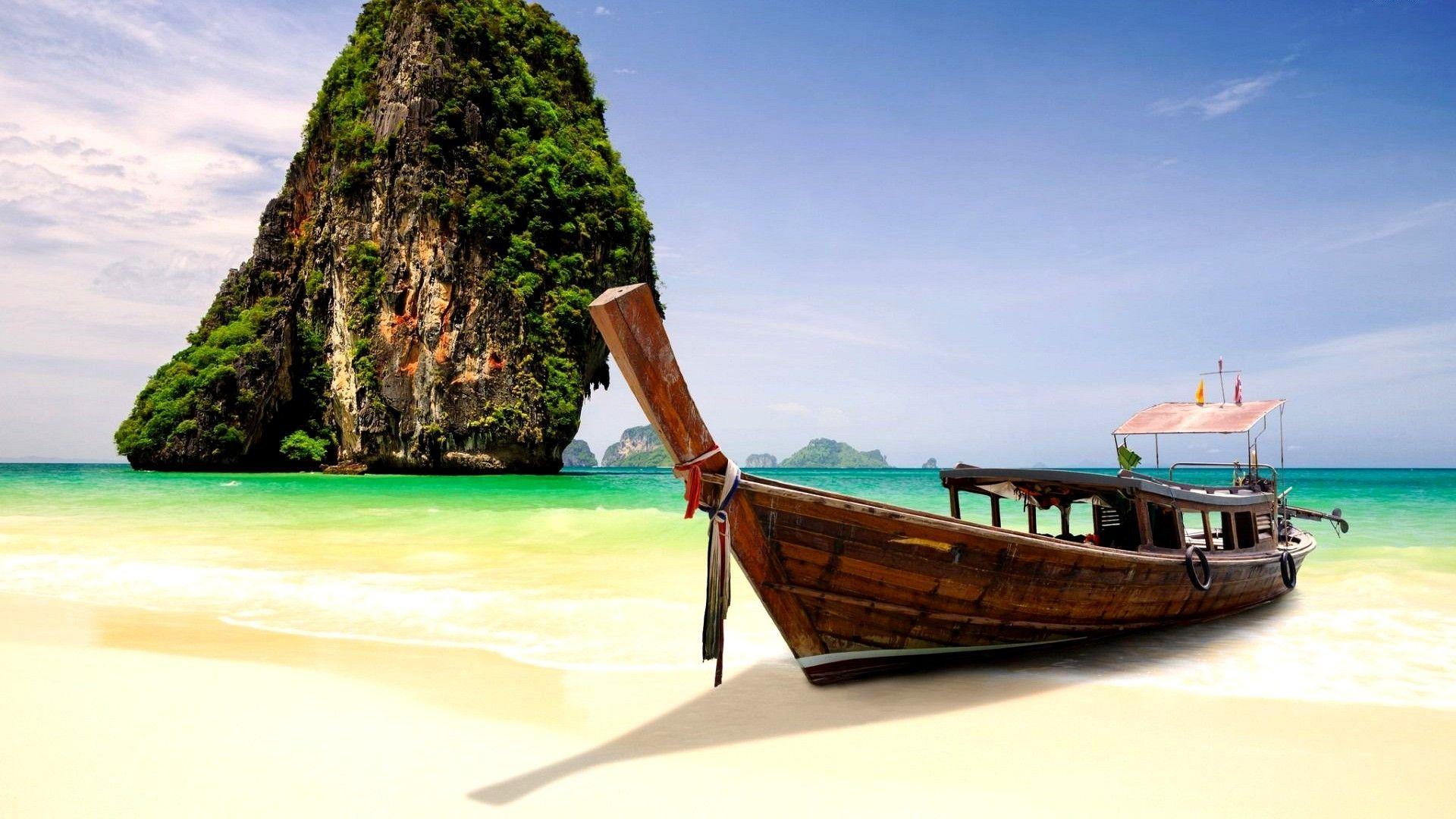 1920x1080 Beach Paradise Boat Ocean Waves Sun Holiday Isle Island Vacation Sea