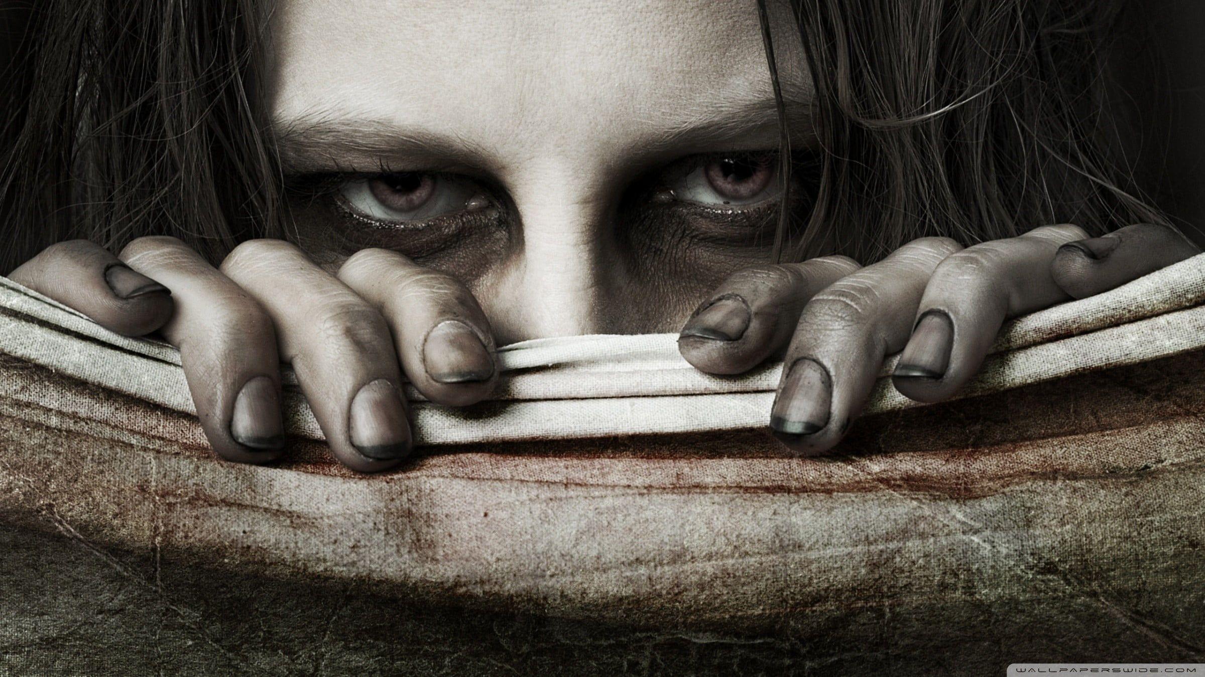 2400x1350 Brown and gray textile, eyes, creepy, face, horror HD wallpaper