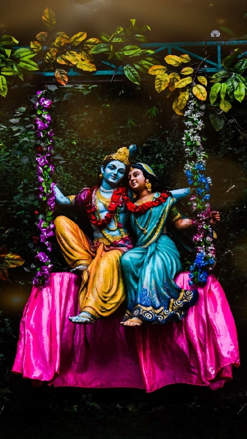 800x1422 Radhe Krishna, Flowers Swing, radha krishna on flowers swing, god, HD phone wallpaper