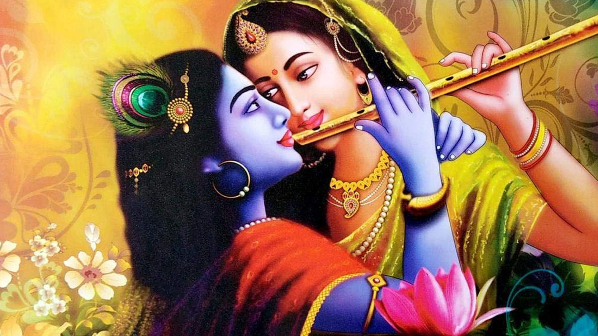 1920x1080 Radha Krishna With Flute Colorful Background HD Krishna Wallpaper