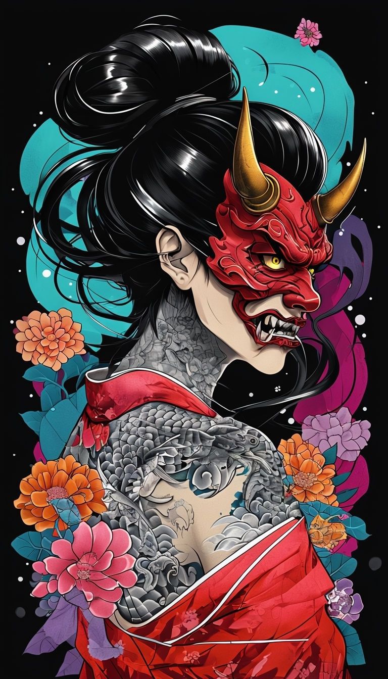768x1344 Vibrant Japanese Demon Character with Floral Elements Mobile Wallpaper