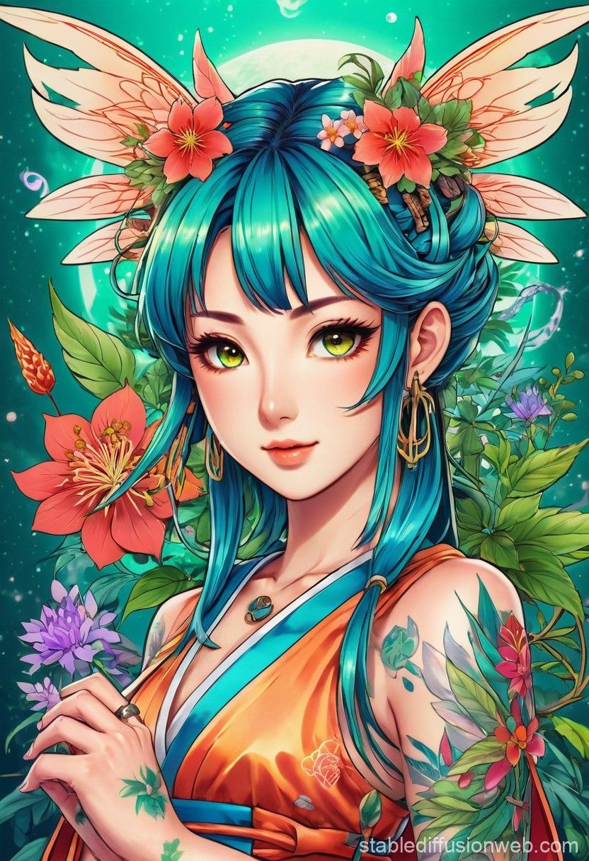 832x1216 Japanese Herbalist Fairy in Neo Traditional Tattoo Style. Stable Diffusion Online