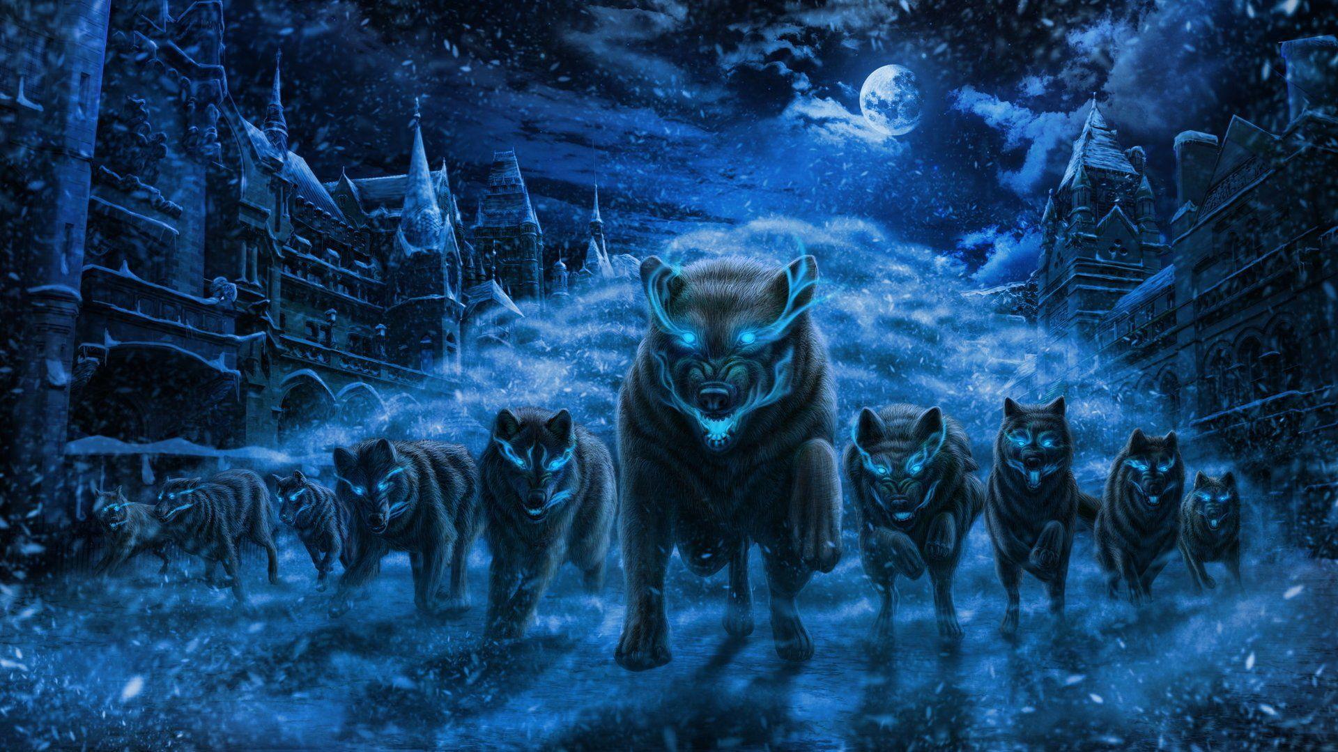 1920x1079 Wild Wolves on a Winter Night Wallpaper