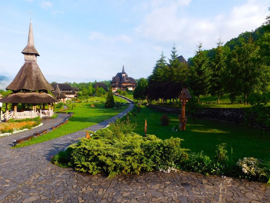 1024x768 A stone path leads to a gazebo in the middle of a lush green park. Barsana monastery romania architecture, religion. Domain Media Search Engine Public Domain Search