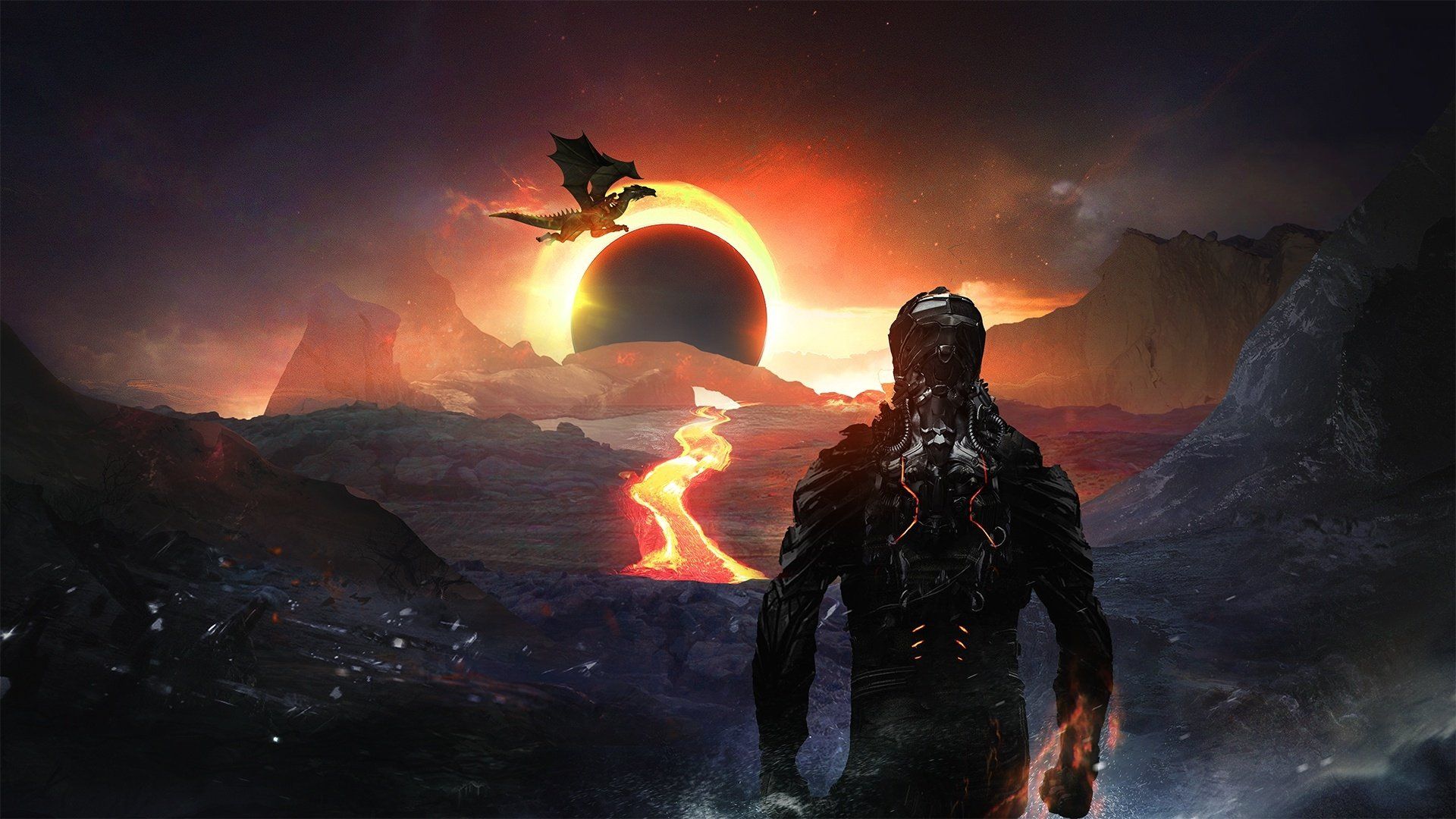 1920x1080 HD Wallpaper: Astronaut On A Lava Planet With A Sci Fi Dragon By Martina Stipan