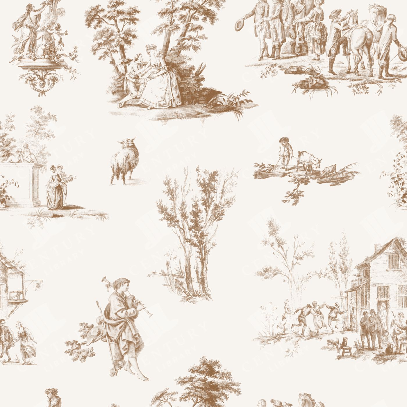 1400x1400 Pastoral Toile Pattern with Sepia Rural Vignettes of Figures, Animals, and Trees on a Cream Ground