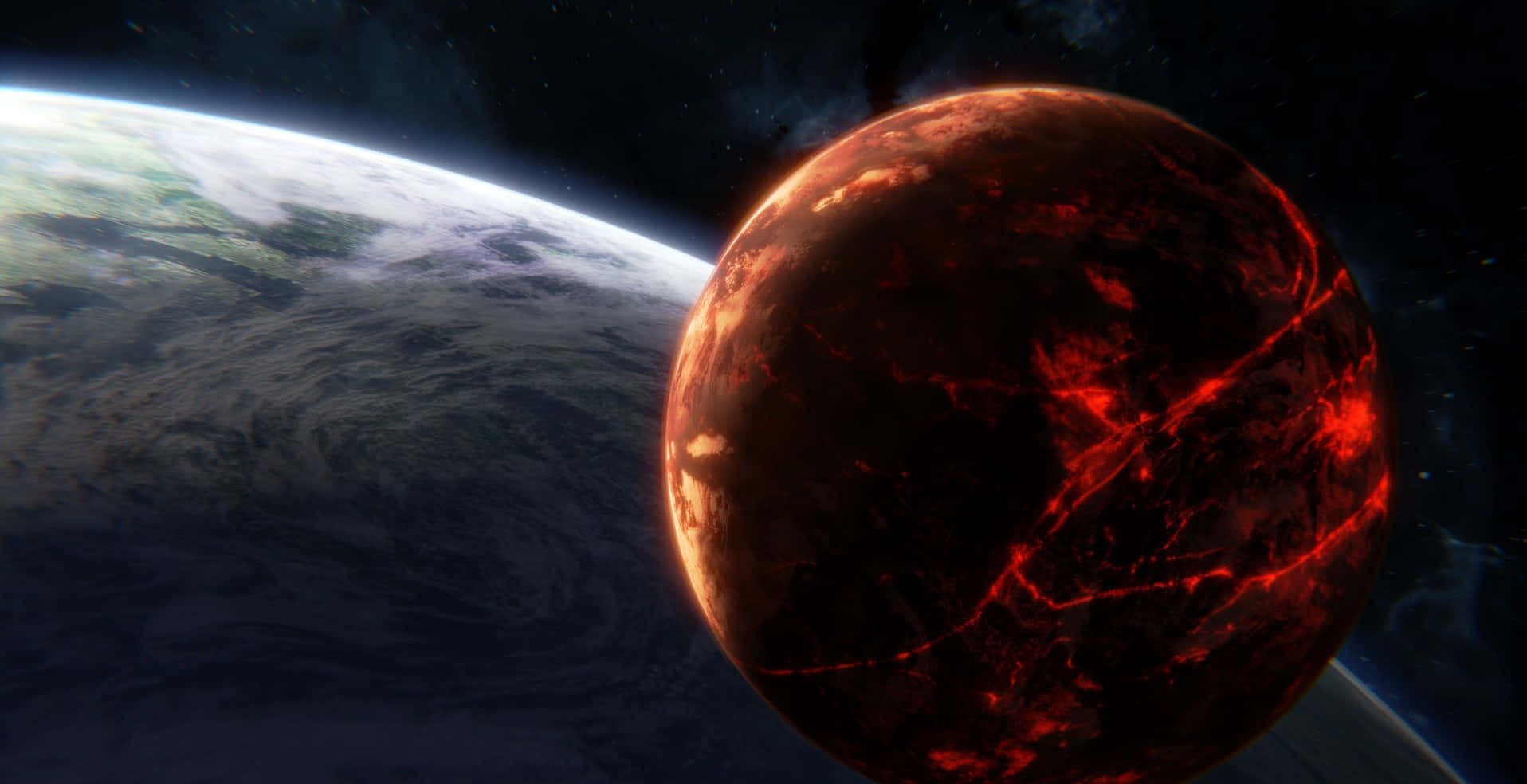 1916x984 Download Lava rivers flow through a dark, rocky landscape on Mustafar. Wallpaper