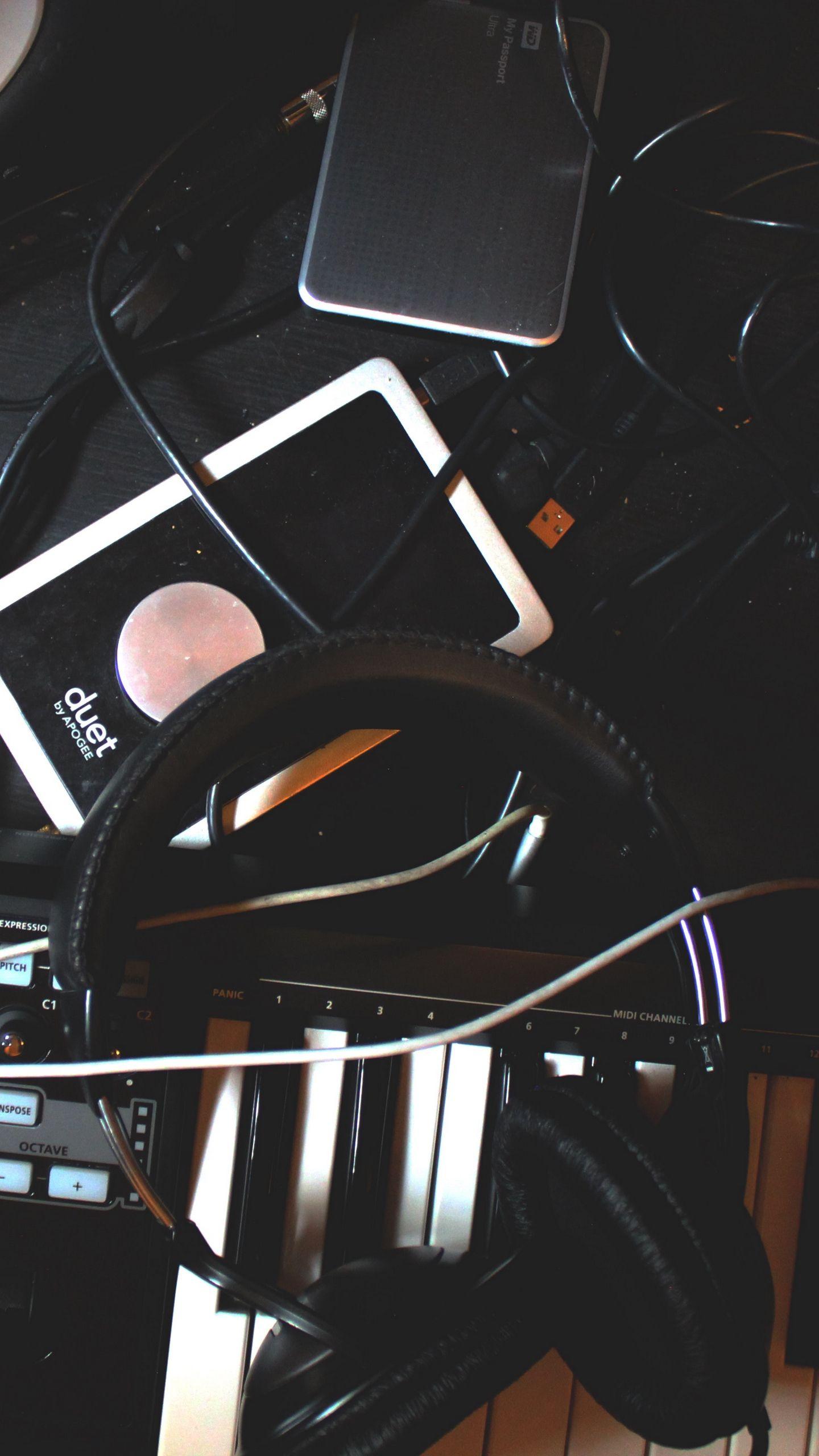 1440x2560 Download wallpaper 1440x2560 headphones, synthesizer, wires, music