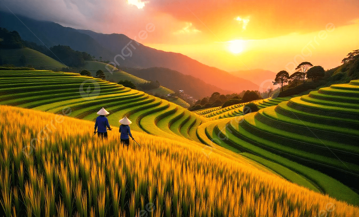 1200x726 Sunset Over Terraced Rice Fields With Farmers In Mountains, Terraced Fields, Rice Fields, Agriculture Background Image And Wallpaper for Free Download