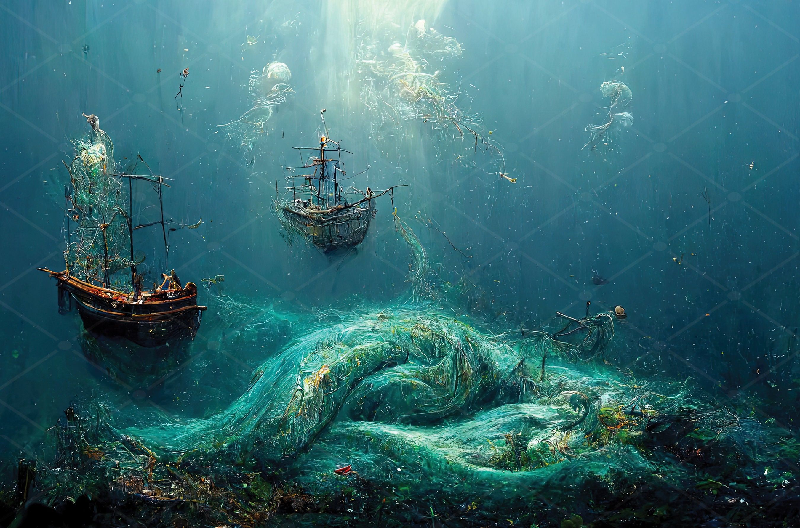 2700x1783 Fantasy Shipwreck Art Print: Underwater Ocean Scene (digital Download)