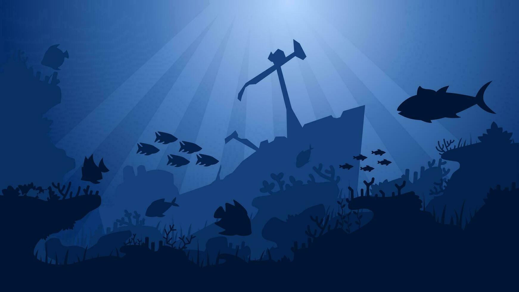 1742x980 Underwater life with coral reefs and shipwreck vector illustration. Ocean bottom of sea world wildlife. Underwater landscape for background, wallpaper or landing page. Deep sea silhouette vector