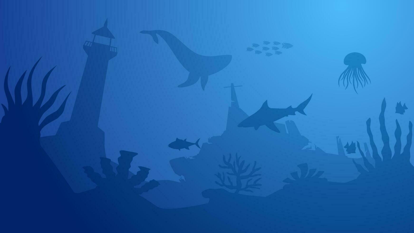 1742x980 Seascape vector illustration. Scenery of sunken lighthouse and shipwreck at the bottom of the sea. Underwater panorama for illustration, background or wallpaper