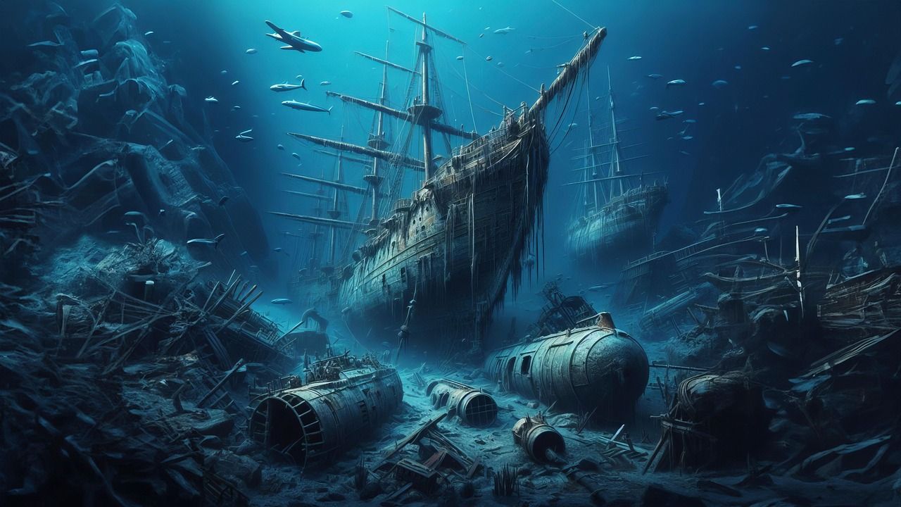 1280x720 Download Ai Generated Shipwrecks Underwater. Royalty Free Stock Illustration Image