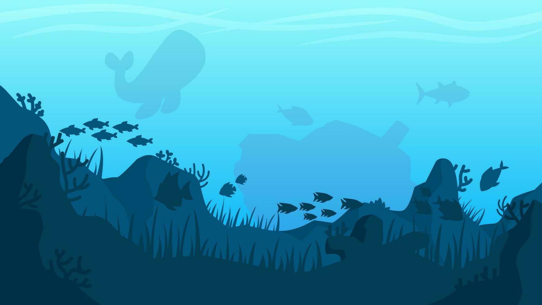1742x980 Vector illustration of underwater with coral reef, fish and shipwreck. Ocean bottom of sea world wildlife. Underwater landscape for background, wallpaper or landing page. Deep sea silhouette vector 29206711 Vector Art