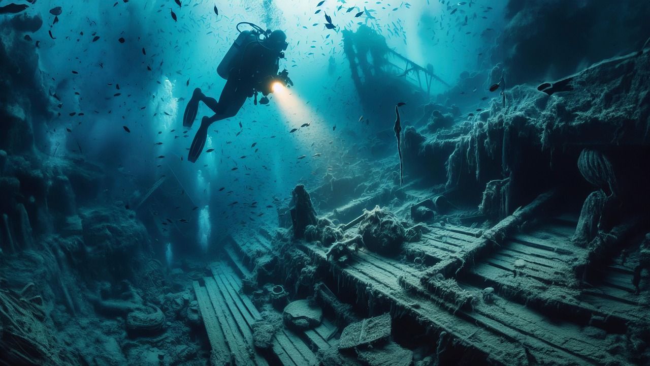 1280x720 Download Ai Generated Shipwreck Diver. Royalty Free Stock Illustration Image