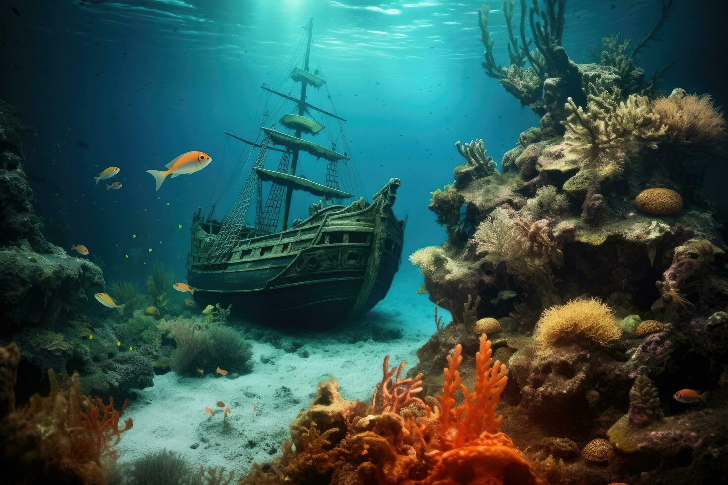 1470x980 AI generated Beautiful underwater world with colorful corals and a pirate ship, Beautiful underwater world with an old shipwreck, coral, and fish, AI Generated