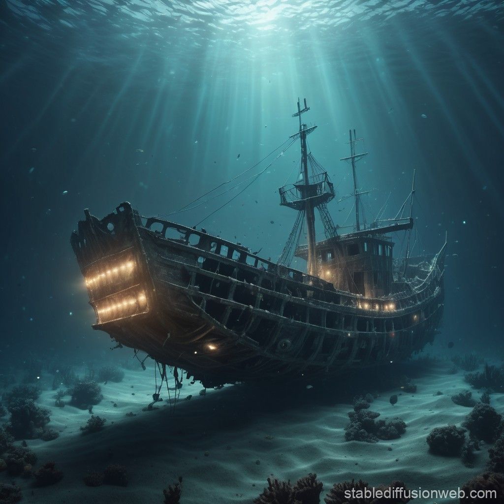 1024x1024 Gloomy Underwater Scene of a Shipwreck. Stable Diffusion Online