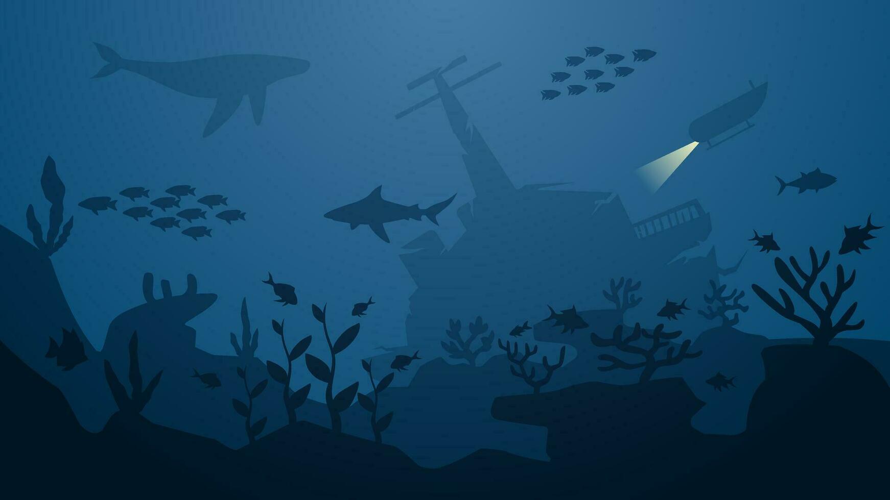 1742x980 Underwater seascape vector illustration. Deep seascape with shipwreck, submarine, fish and coral reef. Undersea landscape for illustration, background or wallpaper