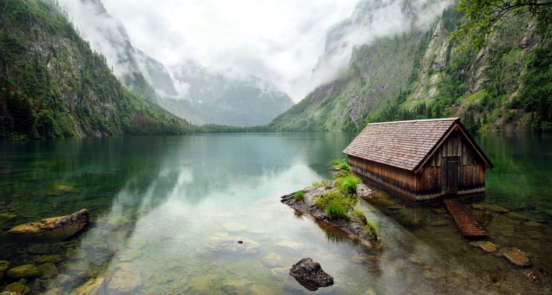 1900x1017 Canadian Tag wallpaper: Mountains Mist Morning Cabin Water Lake