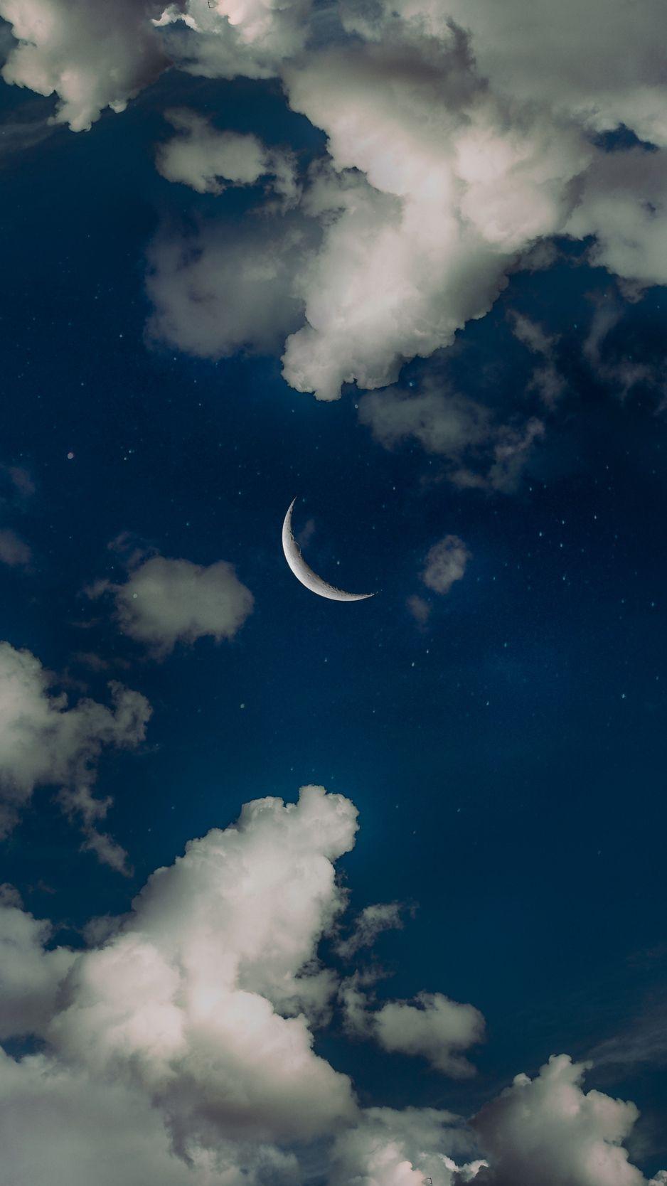 938x1668 Download wallpaper 938x1668 sky, moon, clouds, stars, night iphone