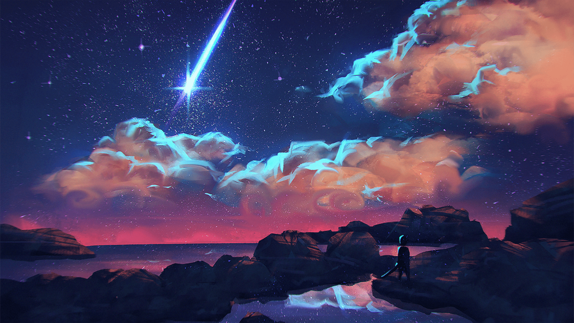1920x1080 #digital art, #clouds, #night, #shooting stars, wallpaper