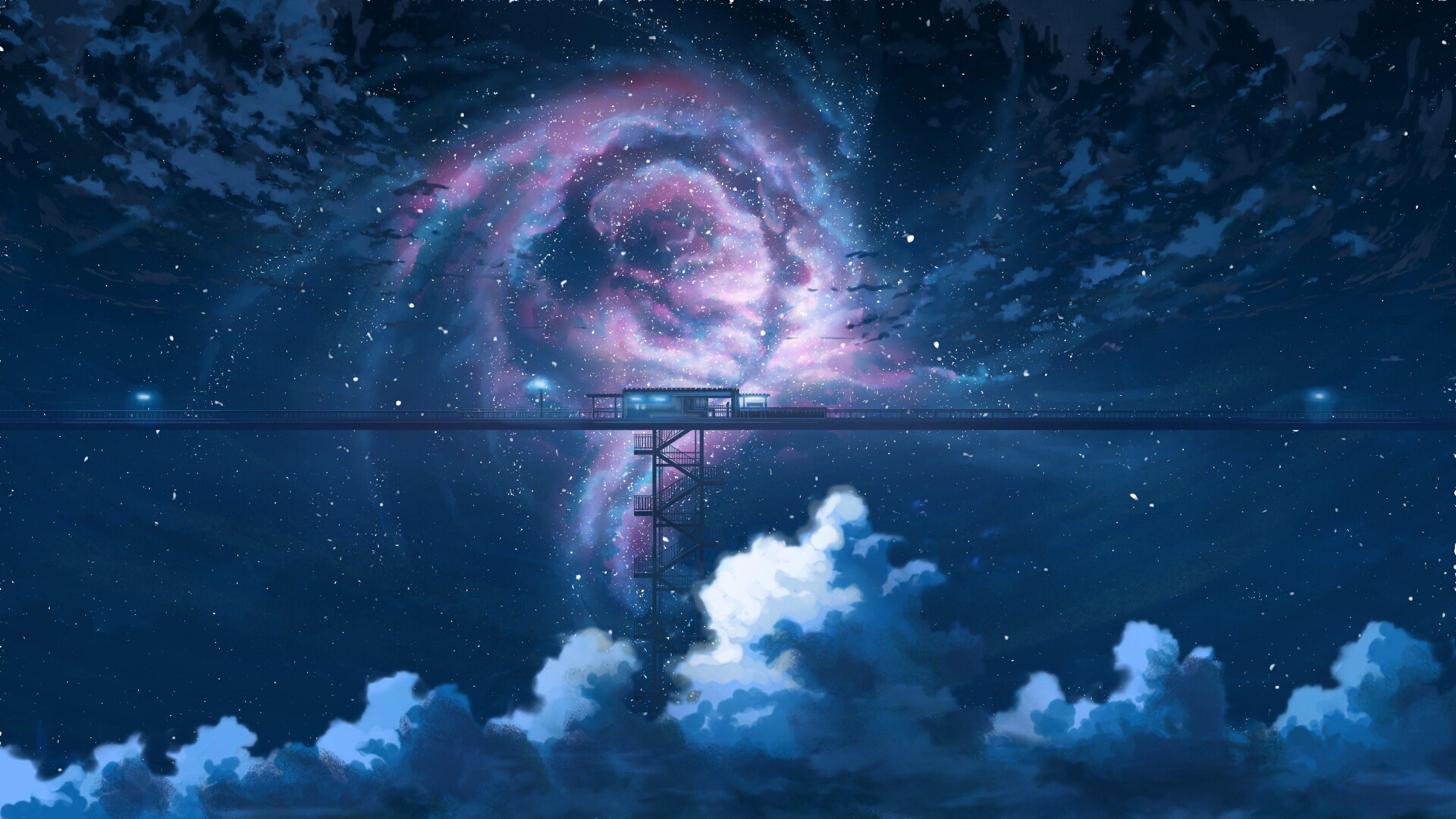 3840x2160 Anime Night Sky Stars Clouds Scenery 4K Wallpaper