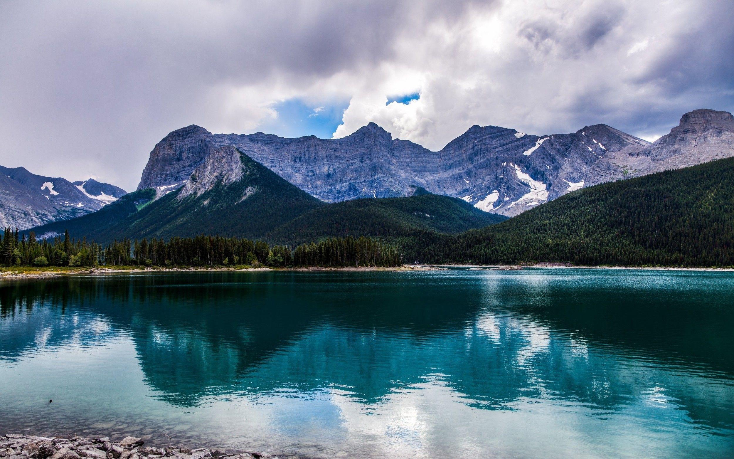2500x1563 nature landscape lake summer reflection mountain clouds alberta