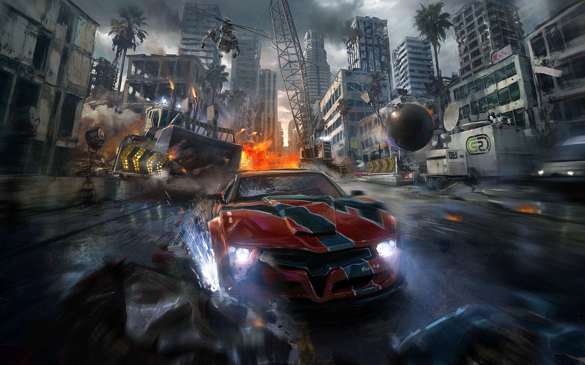 1920x1200 Drifting Car Chasing By Helicopter Artwork 2560x1600
