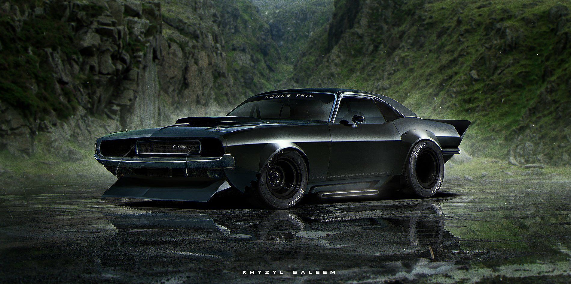 1900x947 HD Wallpaper: Dodge Challenger Muscle Car in Misty Mountain Scenex947
