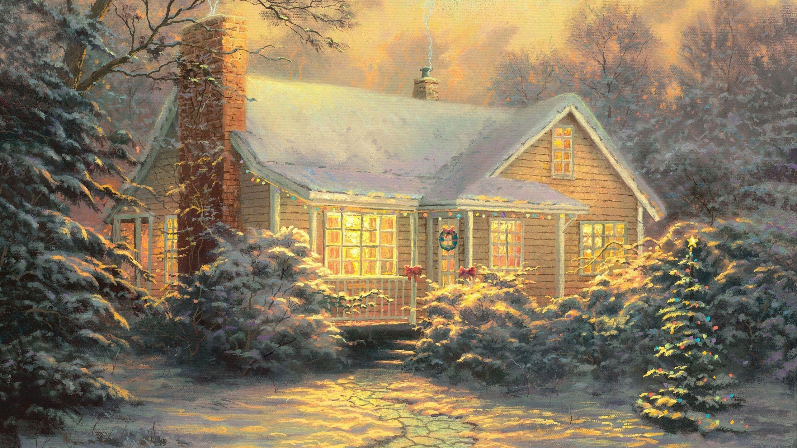 2560x1440 painting, picture, christmas cottage, winter, christmas