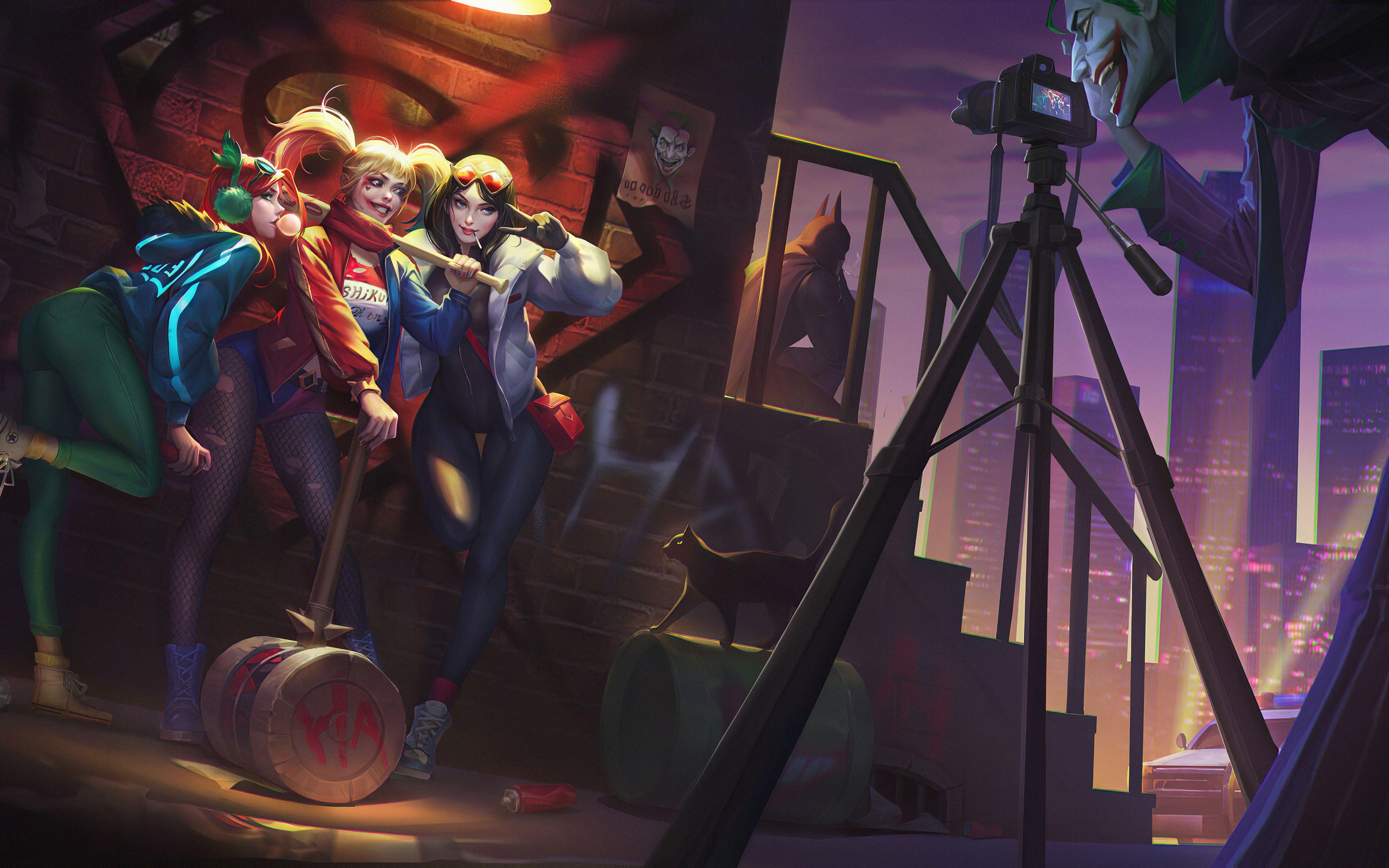 3840x2400 Joker taking a picture of Harley Quinn and friends Wallpaper 4k
