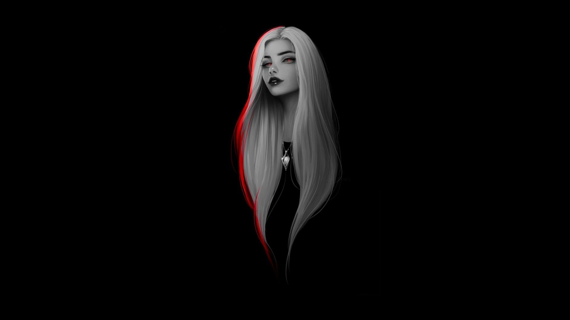 1920x1080 Women White Long Hairs Dark Minimalism Laptop Full HD