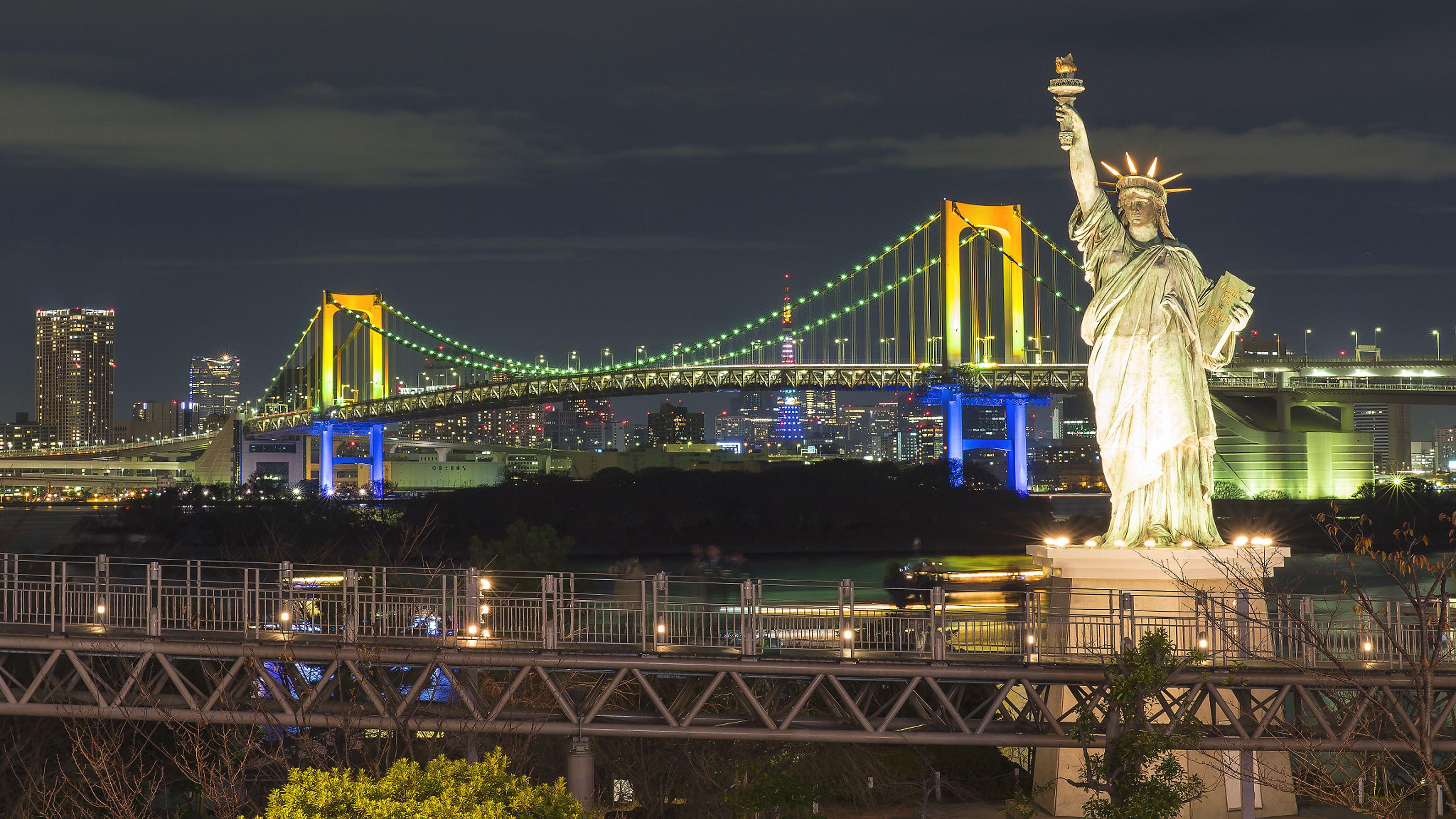 3840x2160 Odaiba Island In Tokyo Japan Rainbow Bridge Replicas Of The Statue