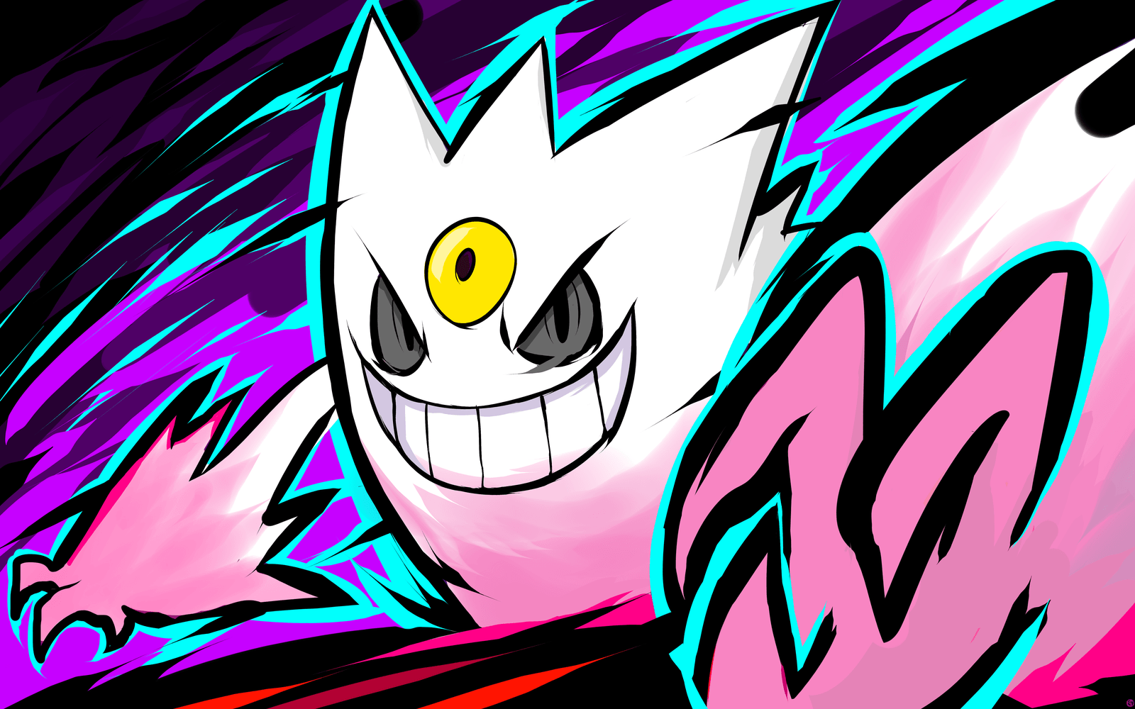 Can someone change the colors of Mega Gengar and Gigantamax Gengar to their  shiny colorations in this image? And change background color to light  blue? Regular Gengar isn't too different from it's