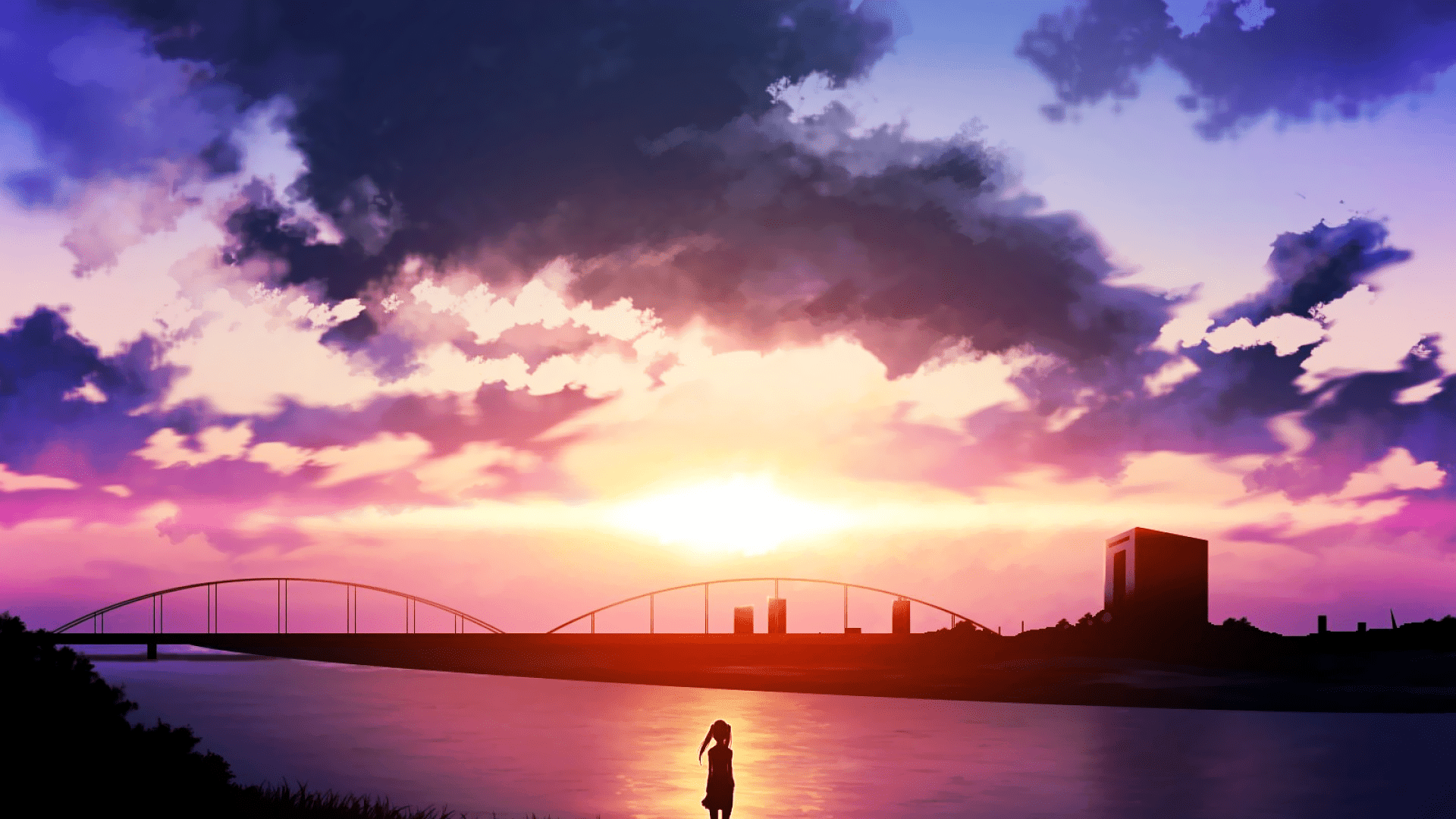 1920x1080 Free download anime Sunset River Sky Clouds Wallpaper HD Desktop