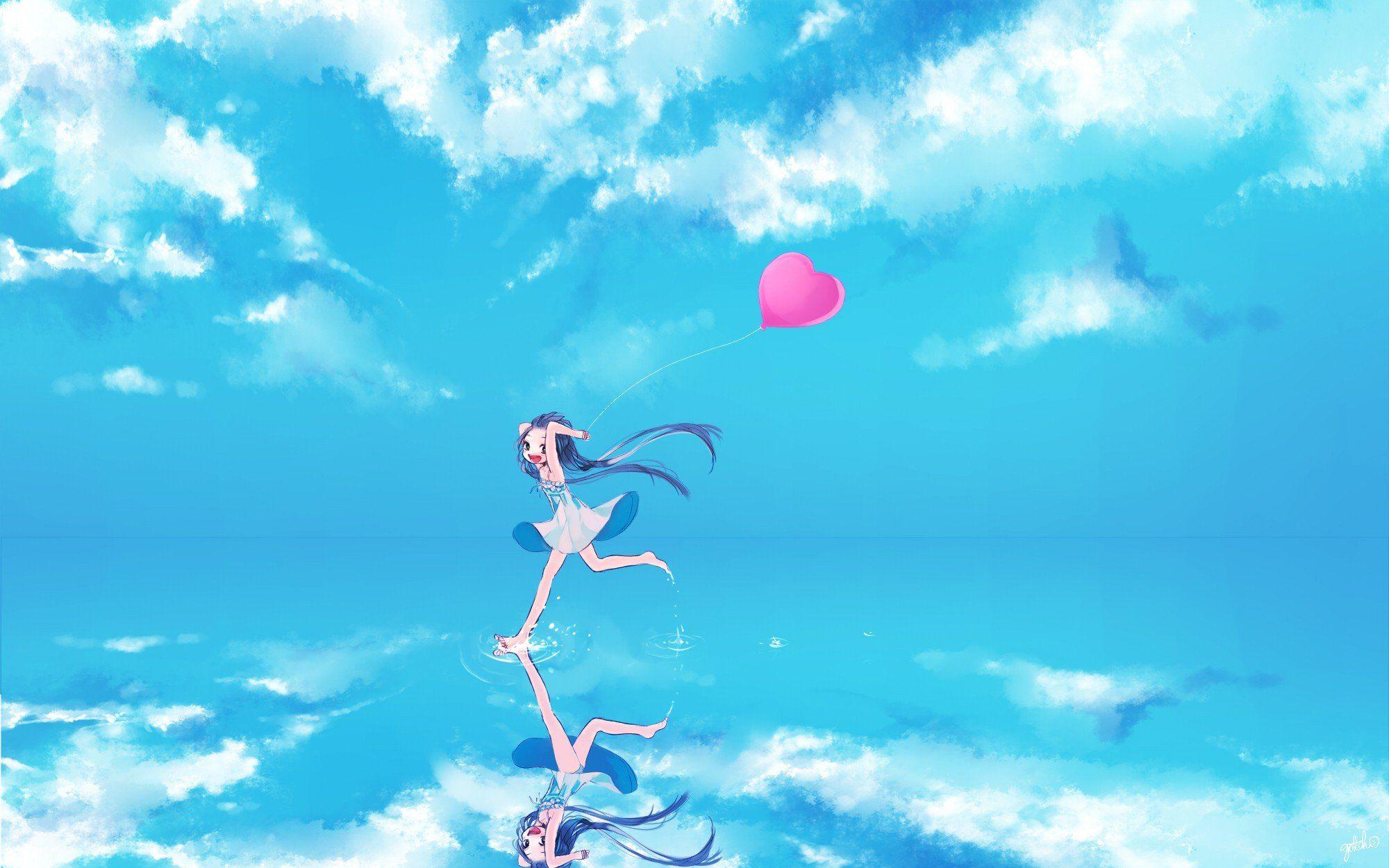 2000x1250 Free download Anime sky clouds girl dress long hair smile