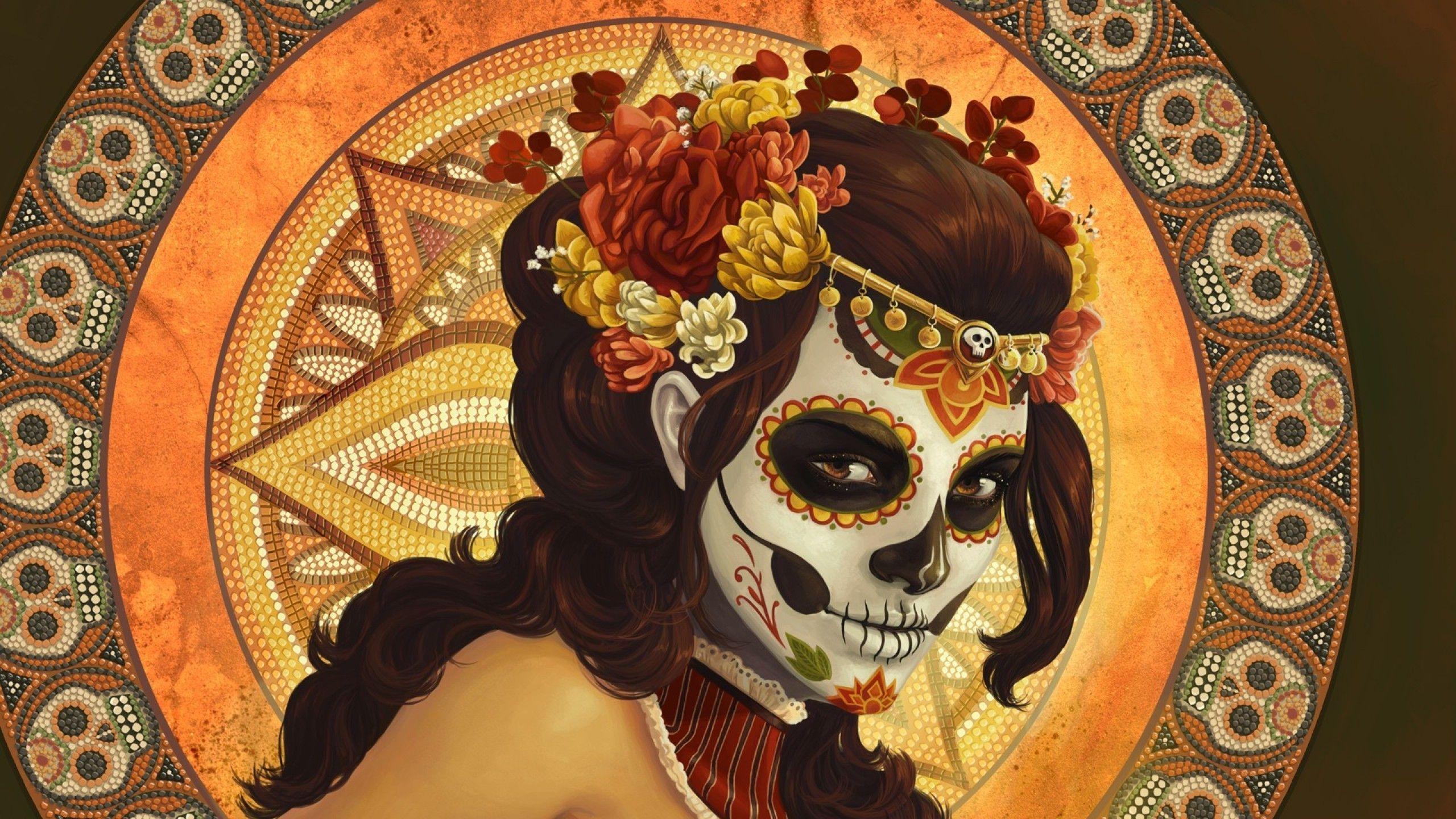 2560x1440 Sugar Skull, Dia De Los Muertos, Digital Art, Artwork, Women