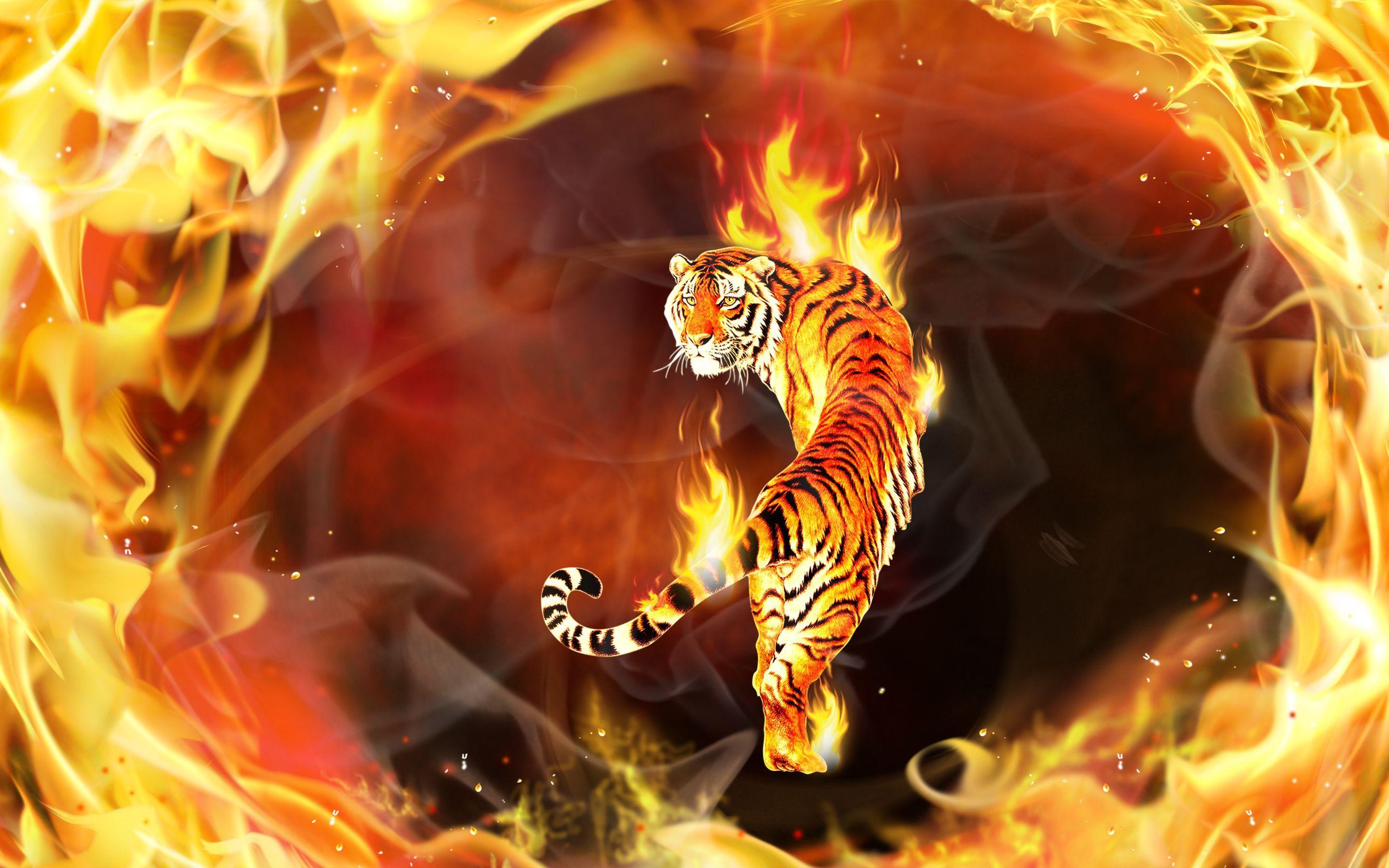 2880x1800 Fire Tiger Flames Digital Art Hd Wallpaper