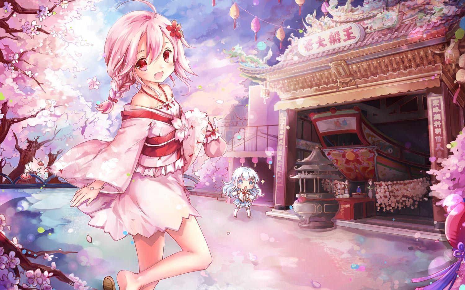 1500x938 anthropomorphism braids bya (vbear) cherry blossoms chibi flowers